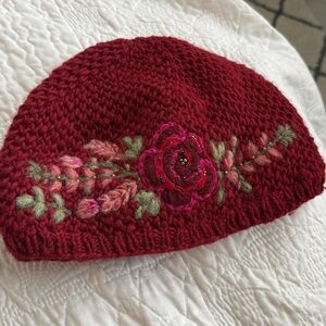 New - French Knot Purple and Red Knit Beanie with Embroidery